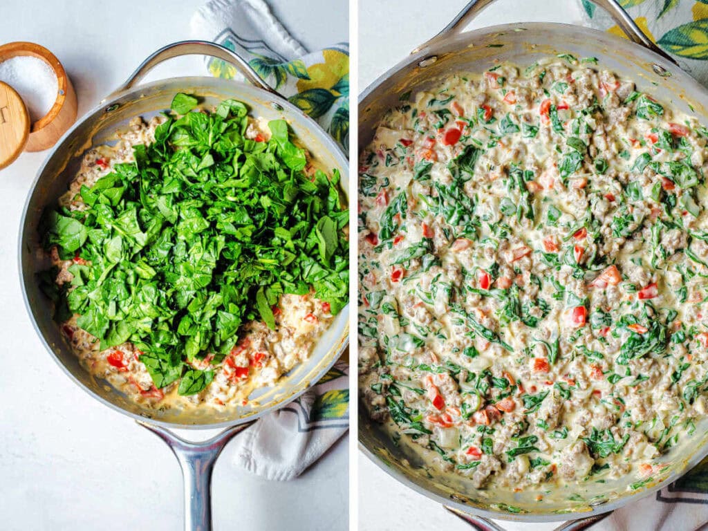 Fresh baby spinach added to the sausage dip mixture in a skillet.