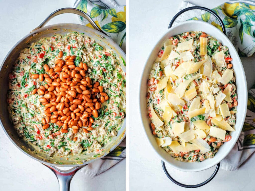 Folding in the beans and adding shaved parmesan to the top of the dip.