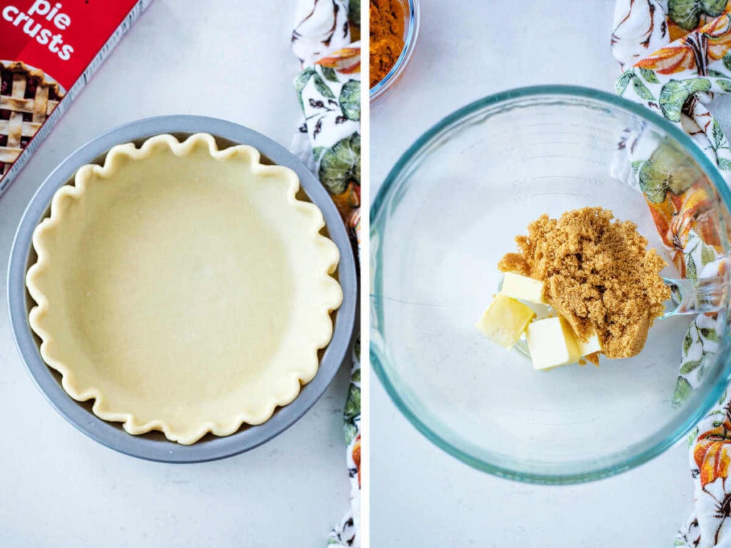 Side by side photos of lining a pie pan with pie crust and starting the filling for sweet potato pie.