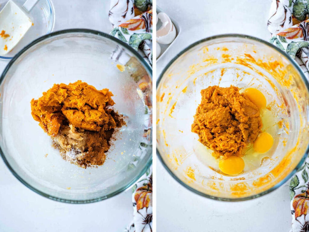 Side by side photos of making the sweet potato pie filling in a mixing bowl.