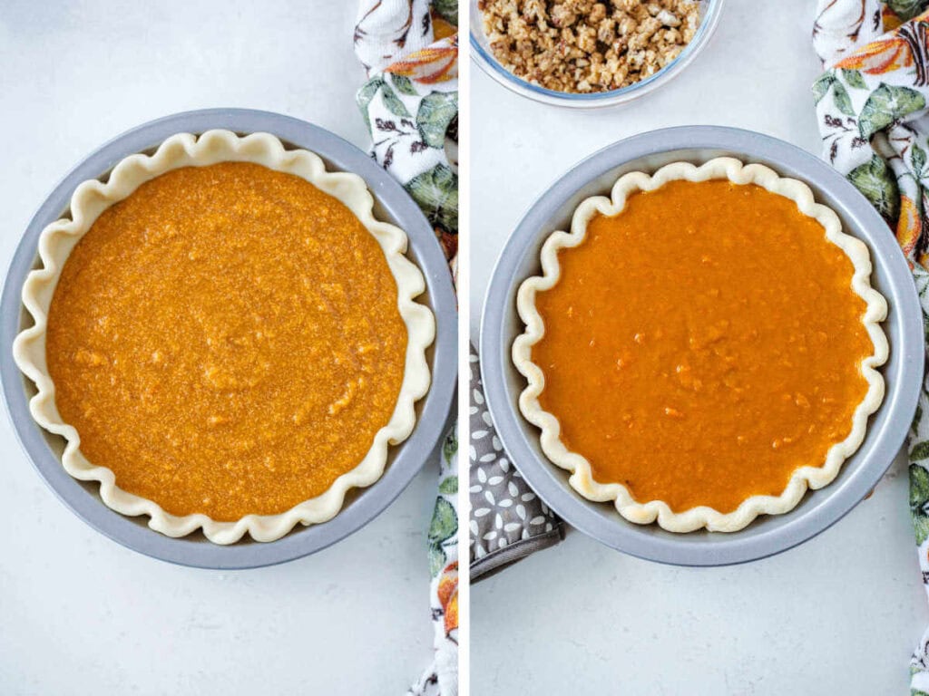 Side by side photos of the unbaked and assembled sweet potato pie and the baked pie in a pie pan.