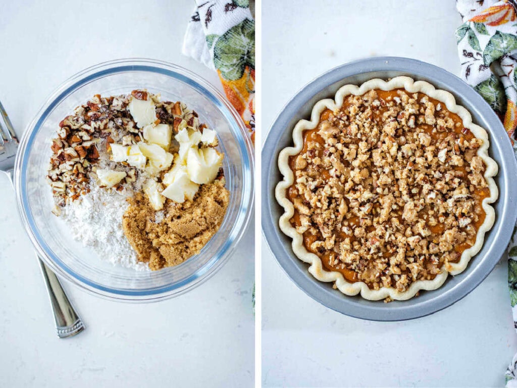 Side by side photos of making a crumble topping and sprinkling it on top of the baked sweet potato pie.
