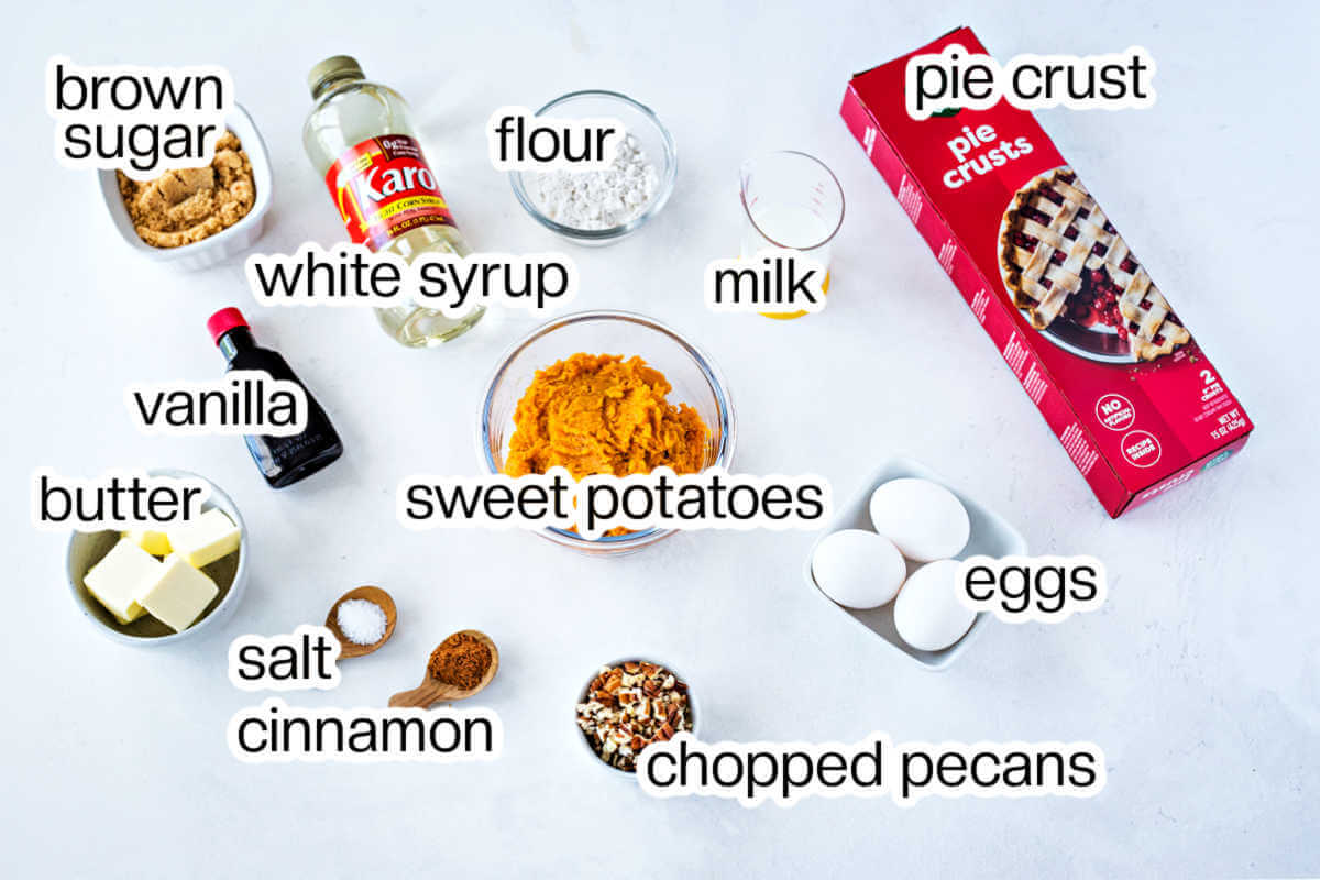 Ingredients needed to make homemade Southern sweet potato pie.