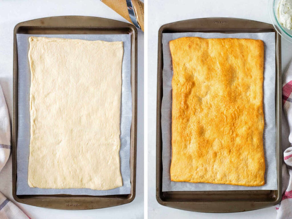 Side by side photos of the unbaked and baked crescent roll dough sheet.