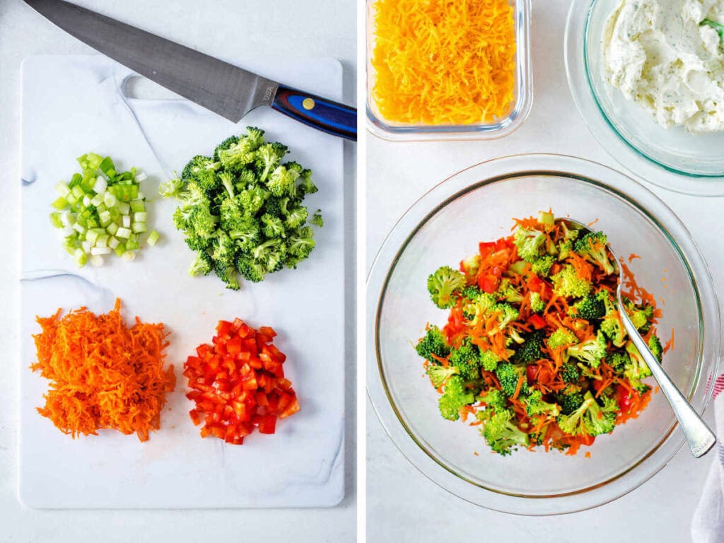 Side by side photos of chopped veggies on a cutting board placed in a bowl to mix together.