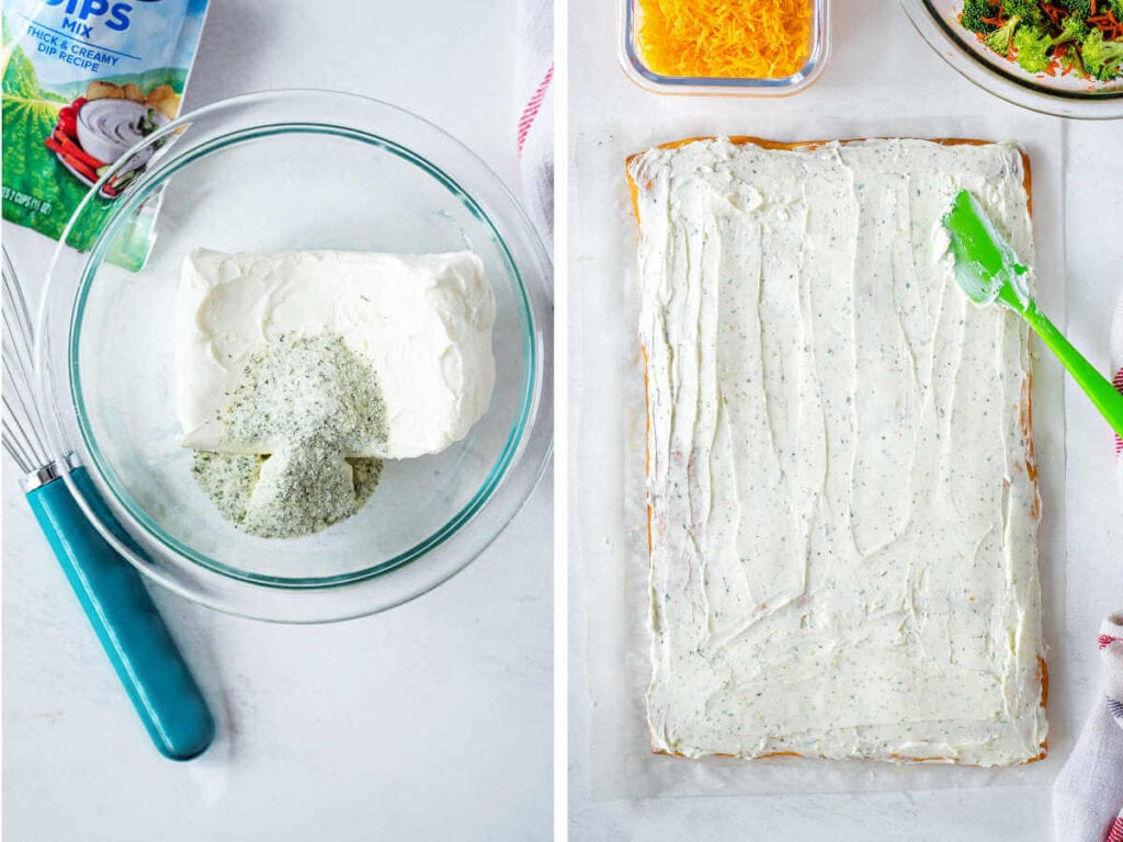 Side by side photos of mixing cream cheese with ranch and spreading it onto the baked crescent roll dough.