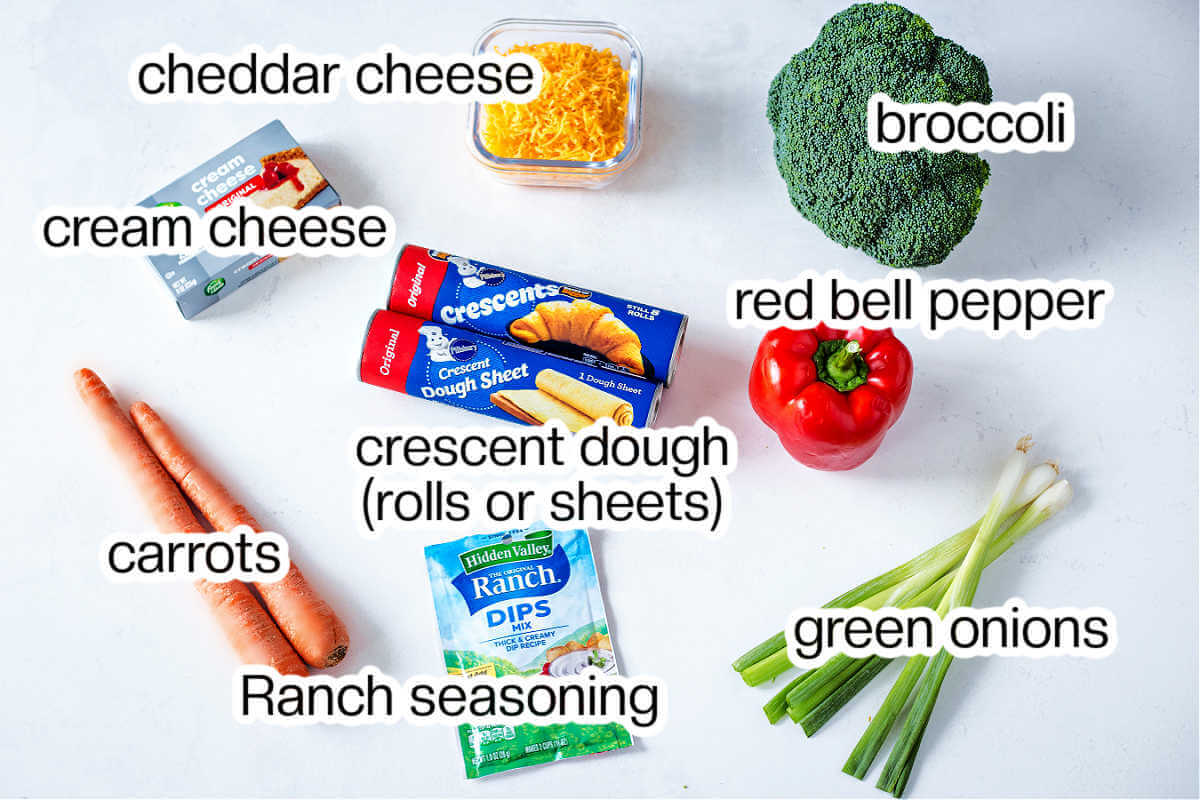 Ingredients needed to make a crescent roll veggie pizza.
