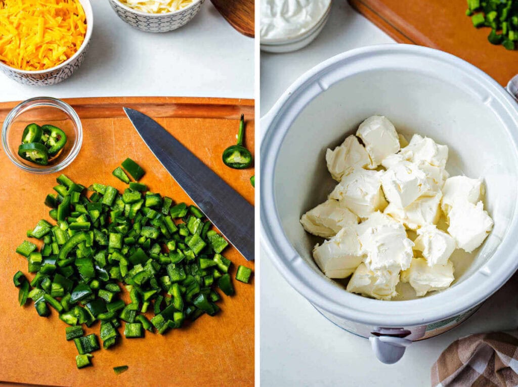 Side by side photos of dicing jalapeño and adding cream cheese to the crockpot.