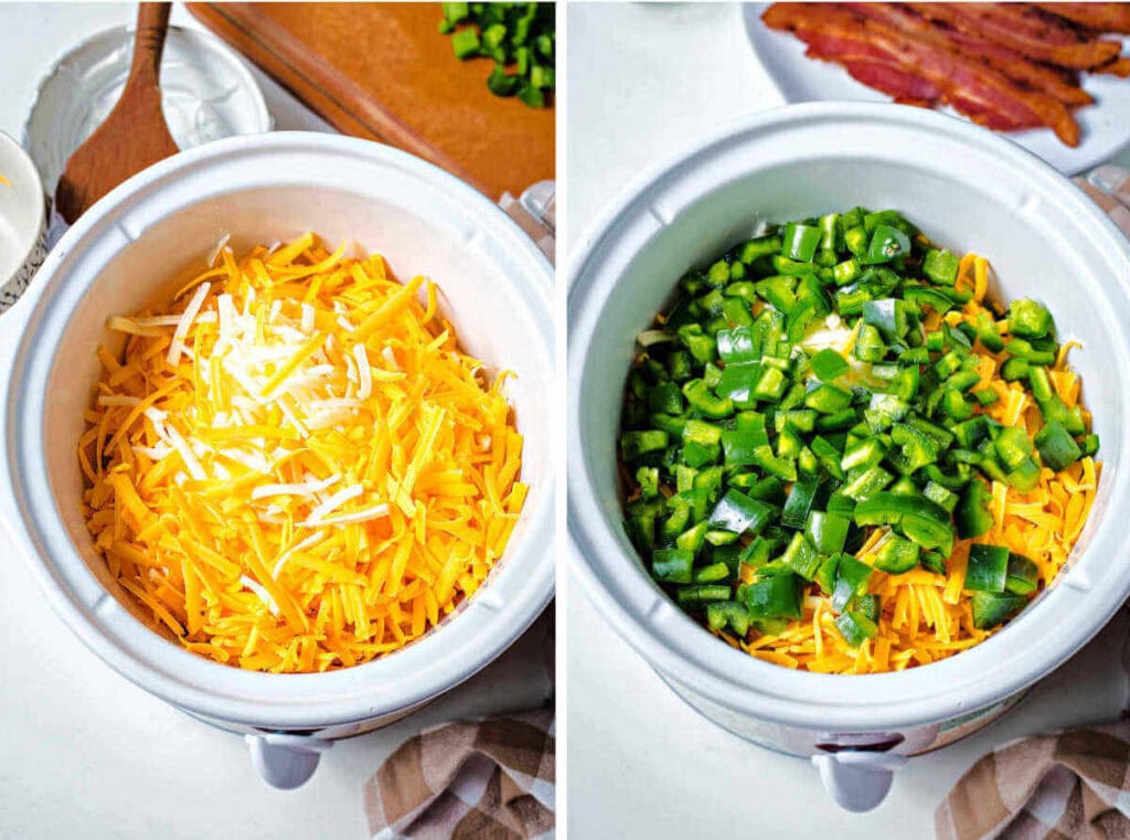 Side by side photos of adding cheese and jalapeños to the slow cooker.