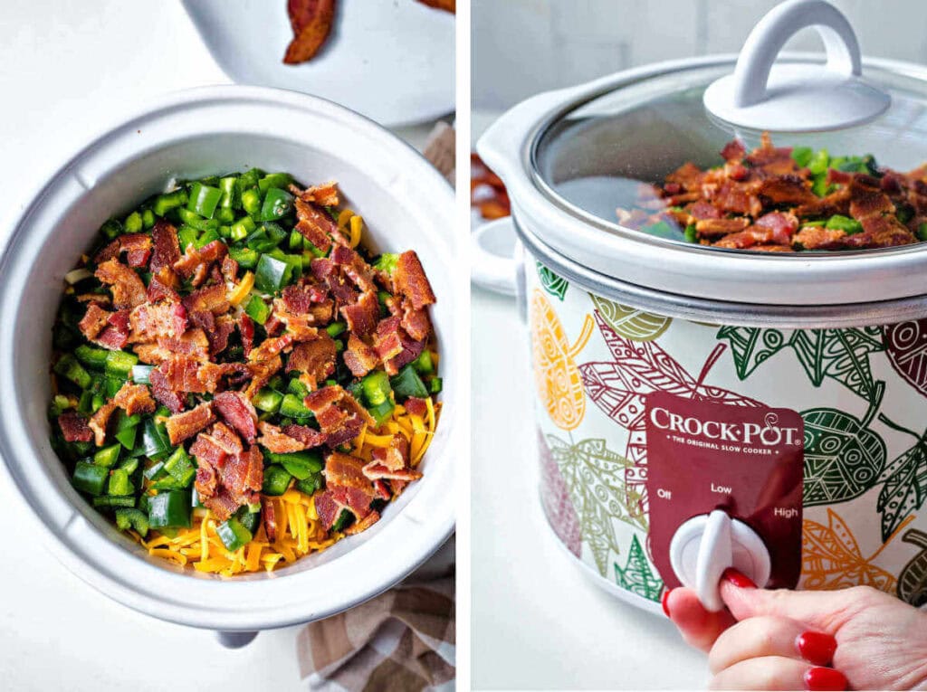 Adding crumbled bacon to the slow cooker and turning it on.