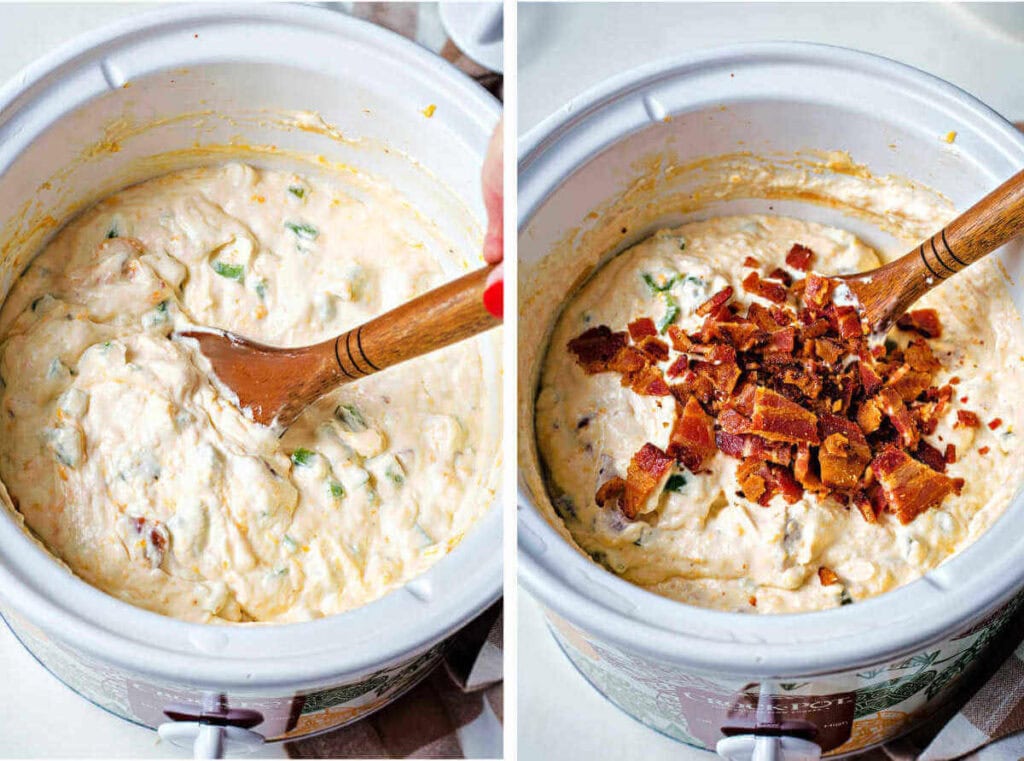 Side by side photos of stirring the jalapeno popper dip and adding more bacon at the end.