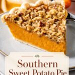 Single-image poster of Southern Sweet Potato Pie with a golden pecan crumble topping on a warm terracotta and cream background with eartSingle-image poster of Southern Sweet Potato Pie with a golden pecan crumble topping on a warm terracotta and cream background with earthy olive green accents.hy olive green accents.