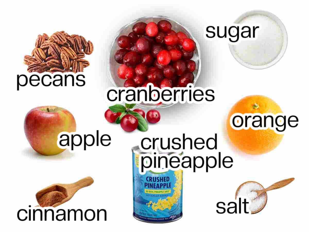 Ingredients needed to make cranberry orange relish.