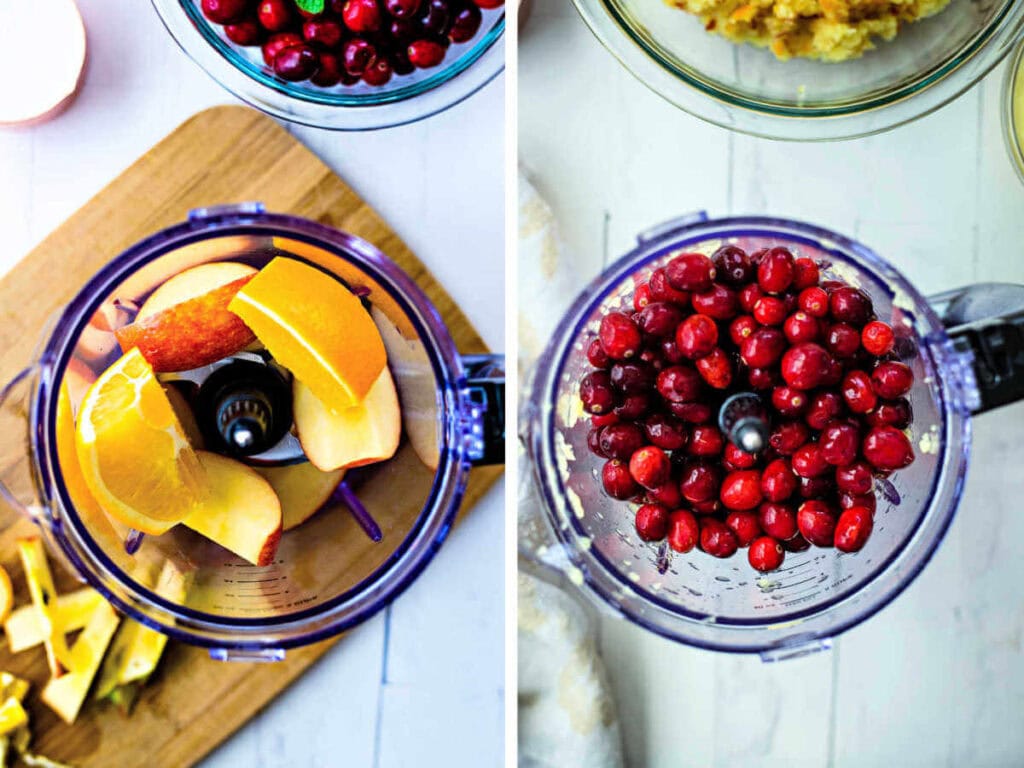 Oranges and apples in a food processor next to a photo of fresh cranberries in a food processor.
