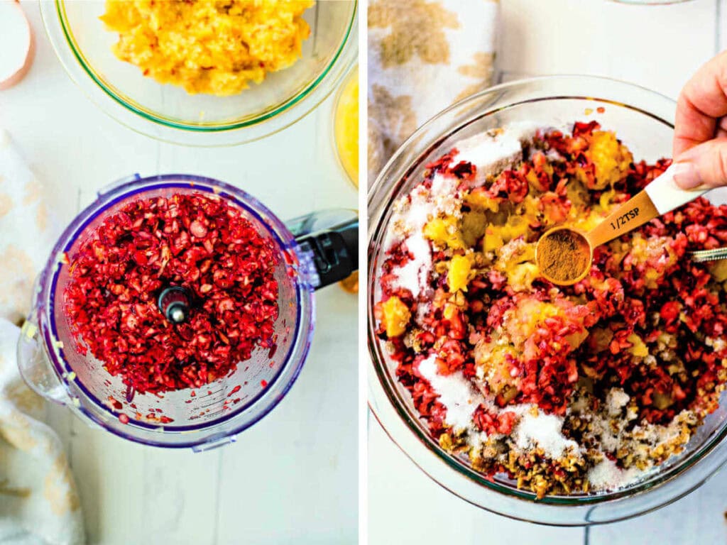 Side by side photos of cranberries in a food processor and then mixing all the cranberry relish ingredients together in a bowl.
