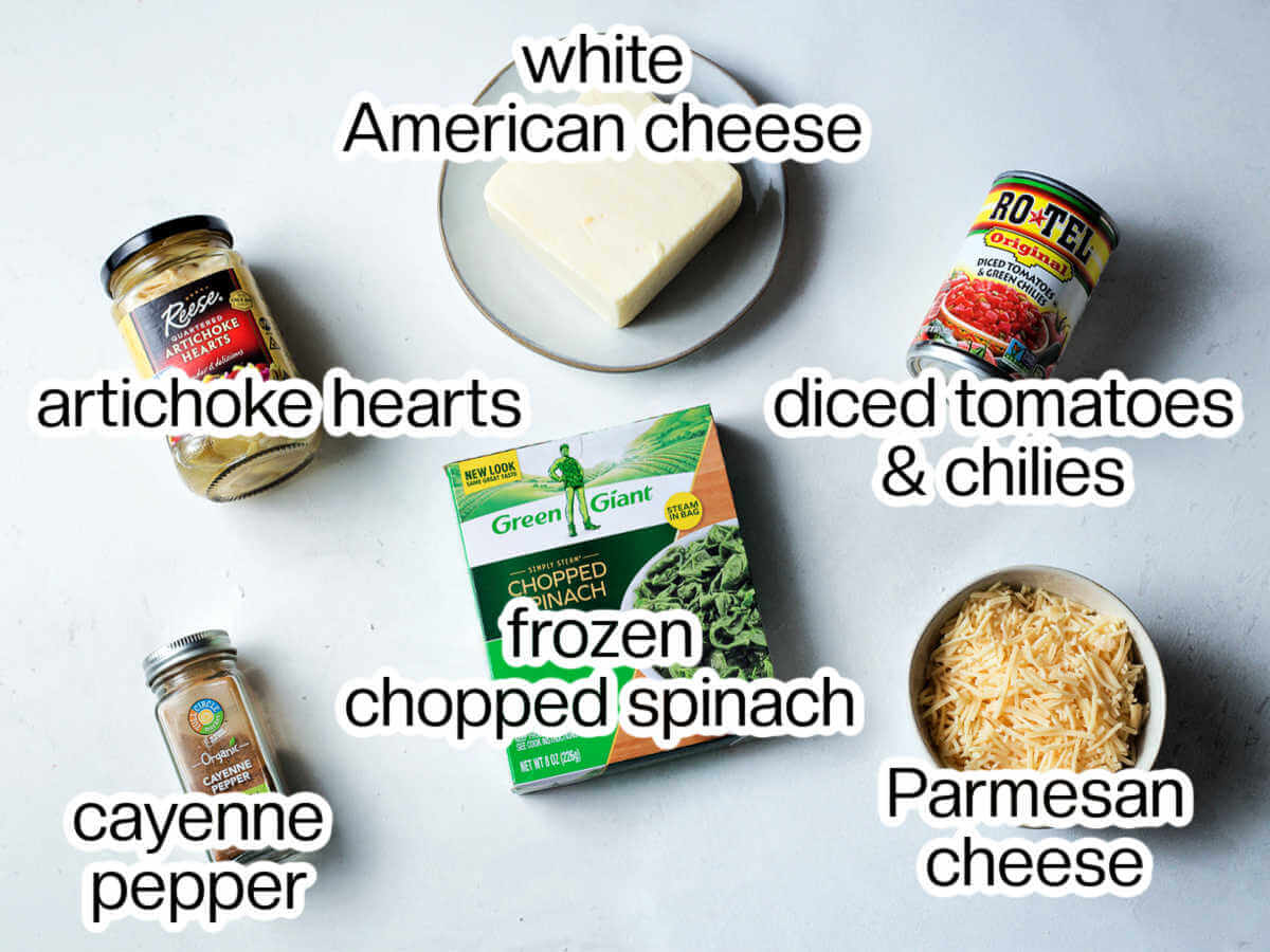 Ingredients needed for spinach artichoke dip.