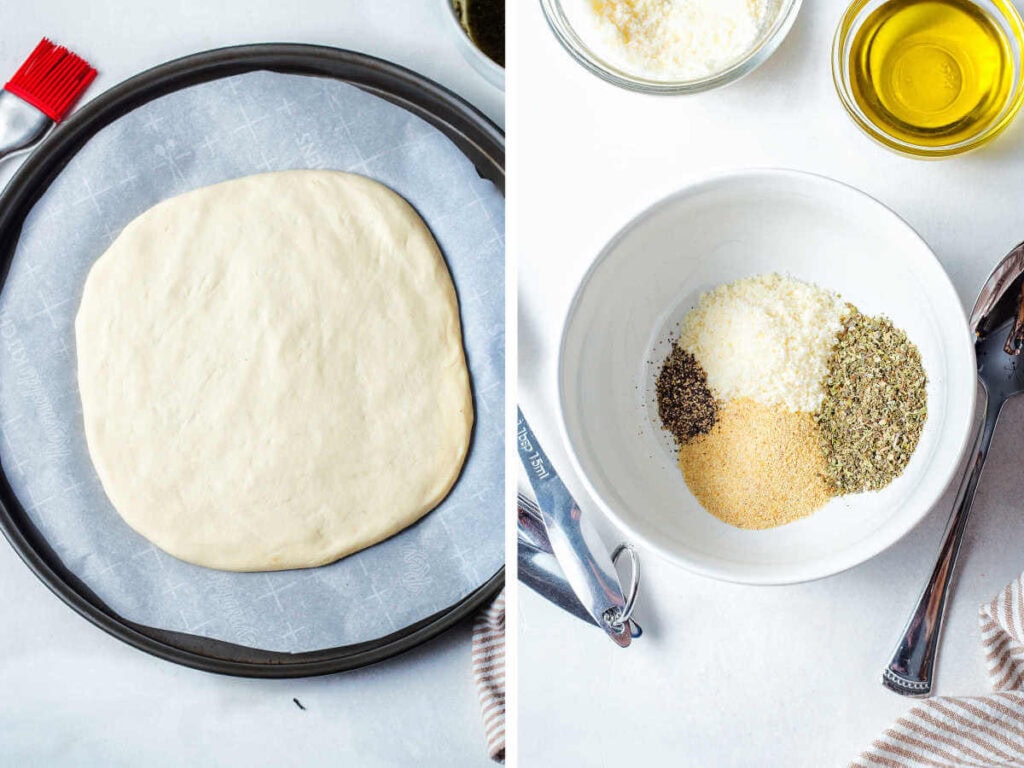 Side by side photos of the shaped dough on a round pan next to the seasoning mix in a bowl.