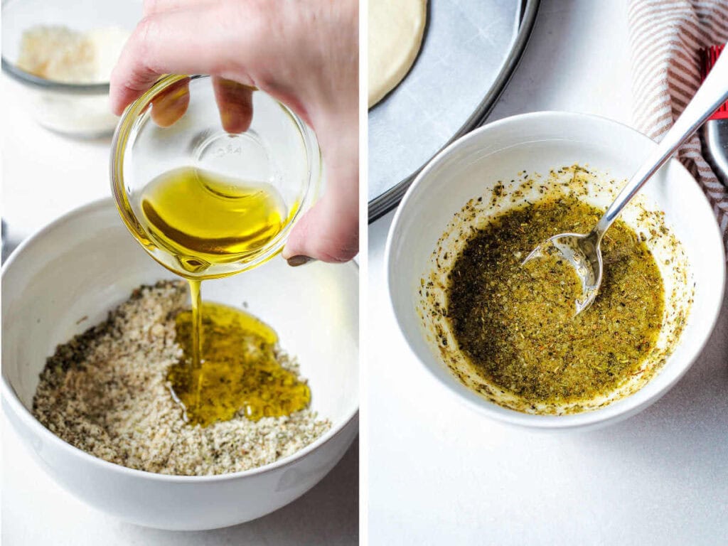 Side by side photos of adding olive oil to the seasoning mixture and mixing it together.