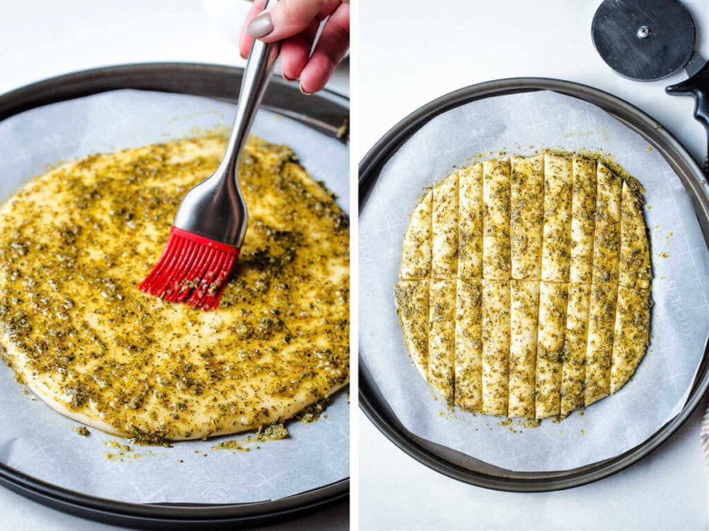 Side by side photos of brushing the pizza dough with olive oil seasoning mixture and slicing into strips.