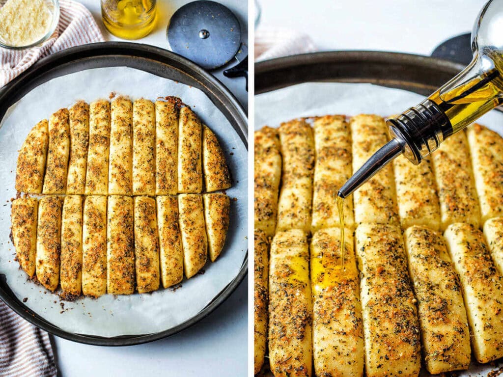 Side by side photos of baked garlic breadsticks and drizzling olive oil on top.