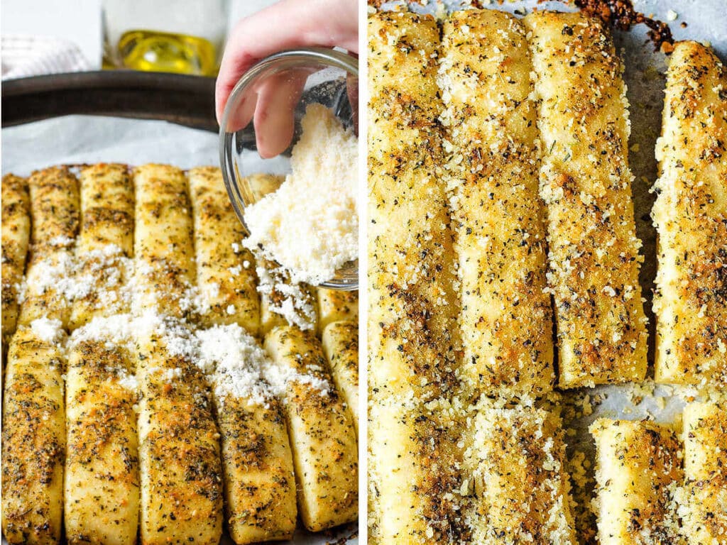 Finishing the cheesy garlic breadsticks with grated parmesan cheese.