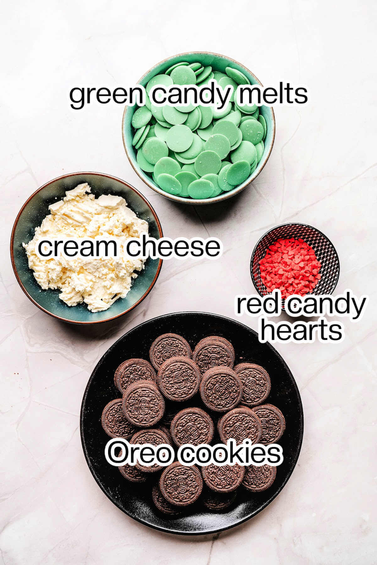 Ingredients needed to make Christmas oreo balls.