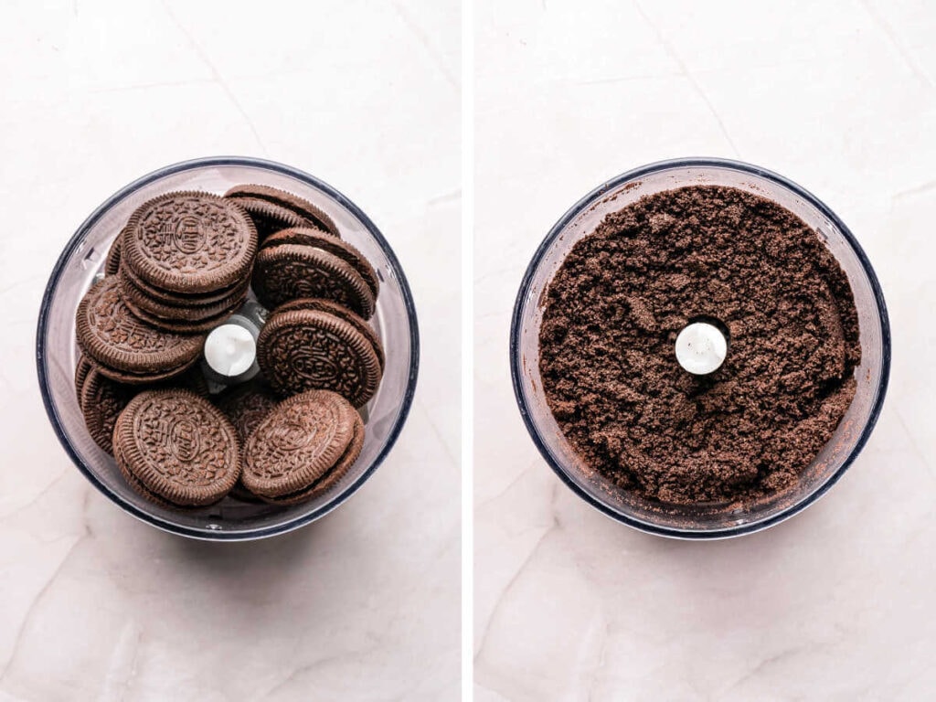 Side by side photos of crushing the Oreos in a food processor.