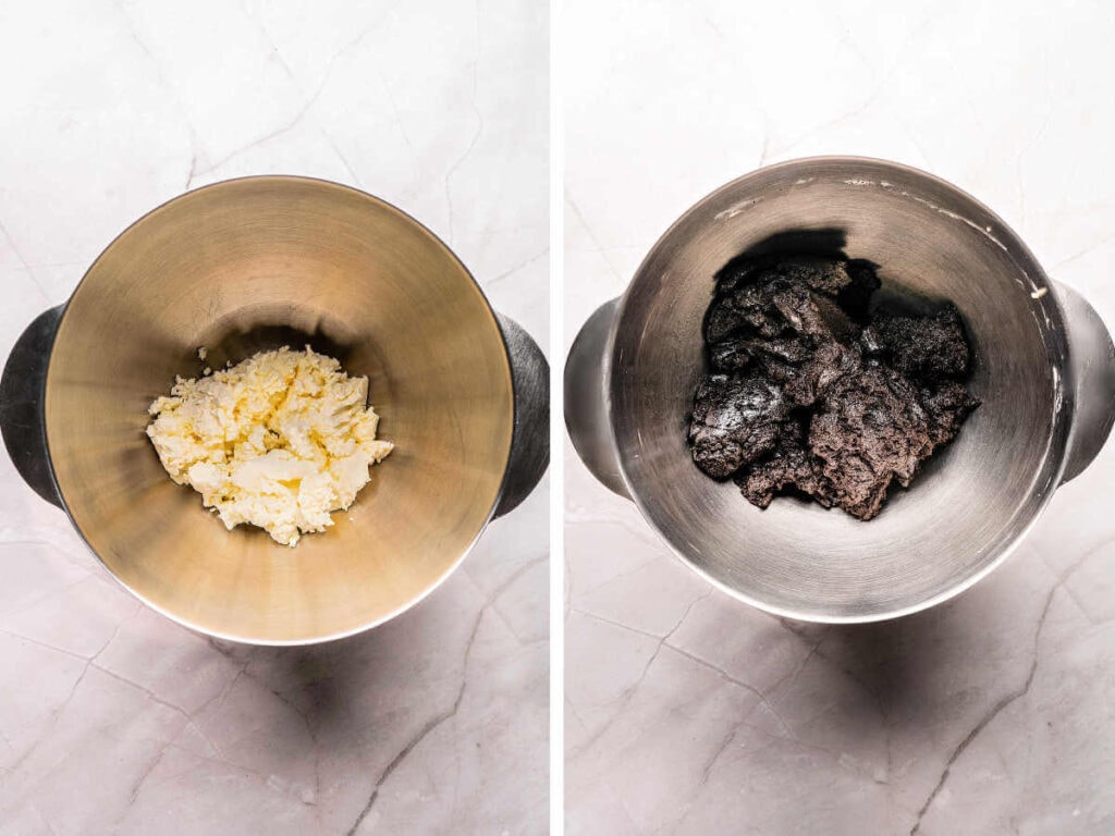 Side by side photos of whipping the cream cheese and mixing it with crushed oreos.
