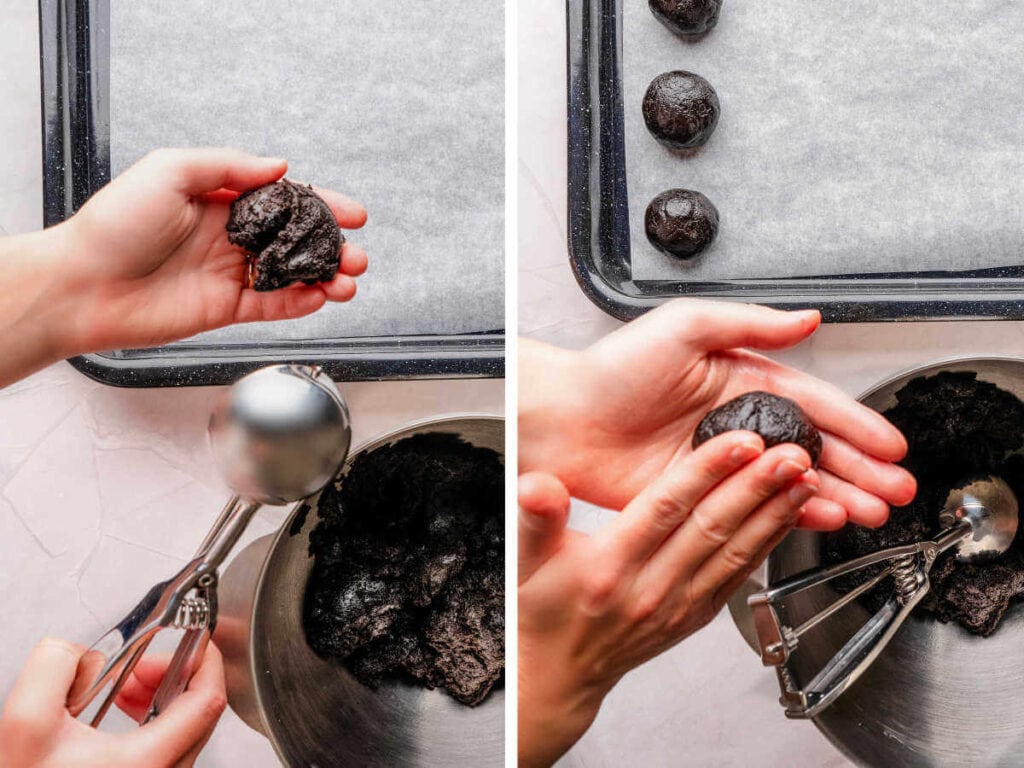 Forming the Oreo mixture into evenly sized balls.