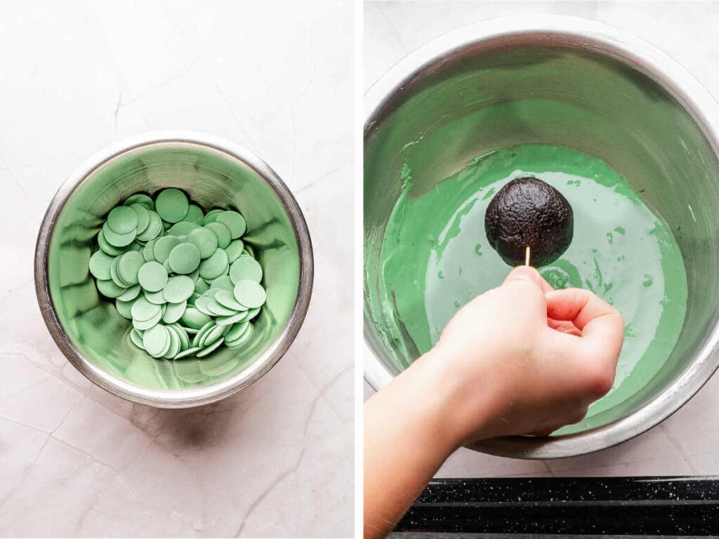 Melting and dipping the Oreo balls into green melted candy melts.
