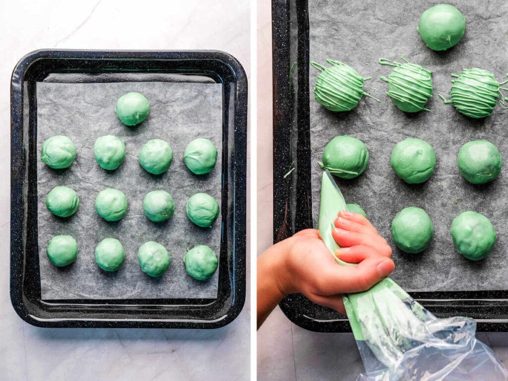 Using a bag to drizzle lines of candy melt on top of the dipped oreo balls.