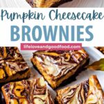 Pumpkin Cheesecake Brownies on a platter.