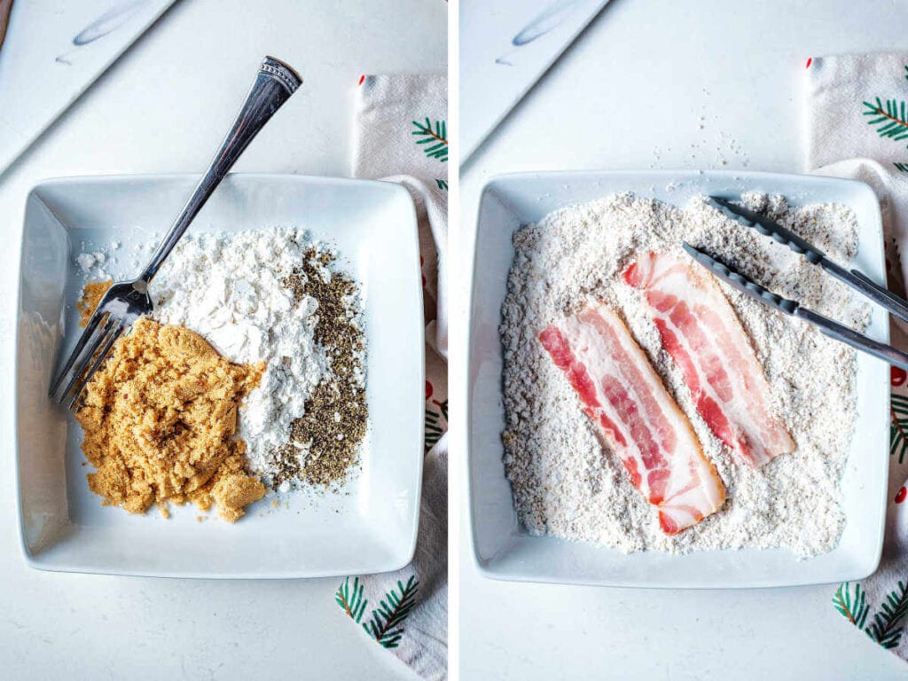 Side by side photos of dredging bacon in a flour, sugar and pepper mixture.