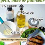 Potk Chop Matinsfr ingredients with an inset of a grilled pork chop.