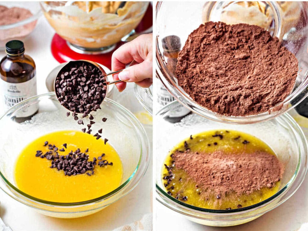 Side by side images of adding chocolate chips to wet ingredients then combining wet and dry ingredients for brownie batter.