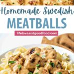 Swedish Meatballs and Gravy over noodles on a plate.