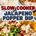 Slow Cooker Jalapeno Popper Dip in a serving bowl with Fritos for scooping.