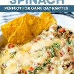 Cheesy Sausage Dip with tortilla chips in a serving bowl.