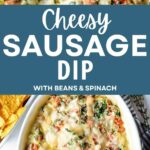 Cheesy Sausage Dip with tortilla chips in a serving bowl.