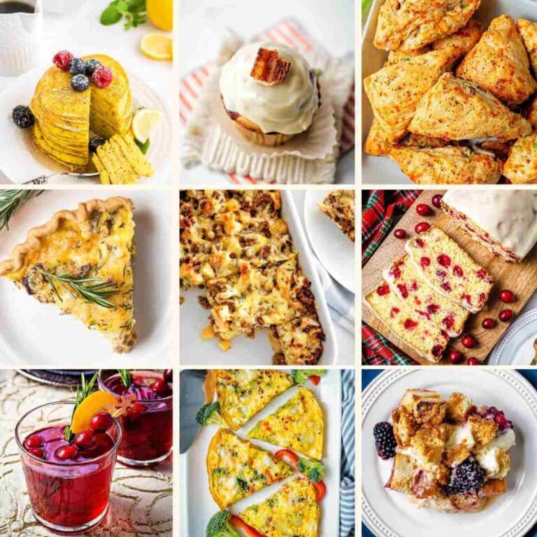 A collage of breakfast foods.