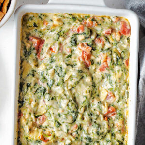 Easy Spinach Artichoke Dip in a baking dish.