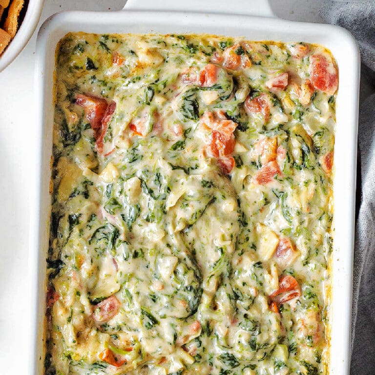 Easy Spinach Artichoke Dip in a baking dish.