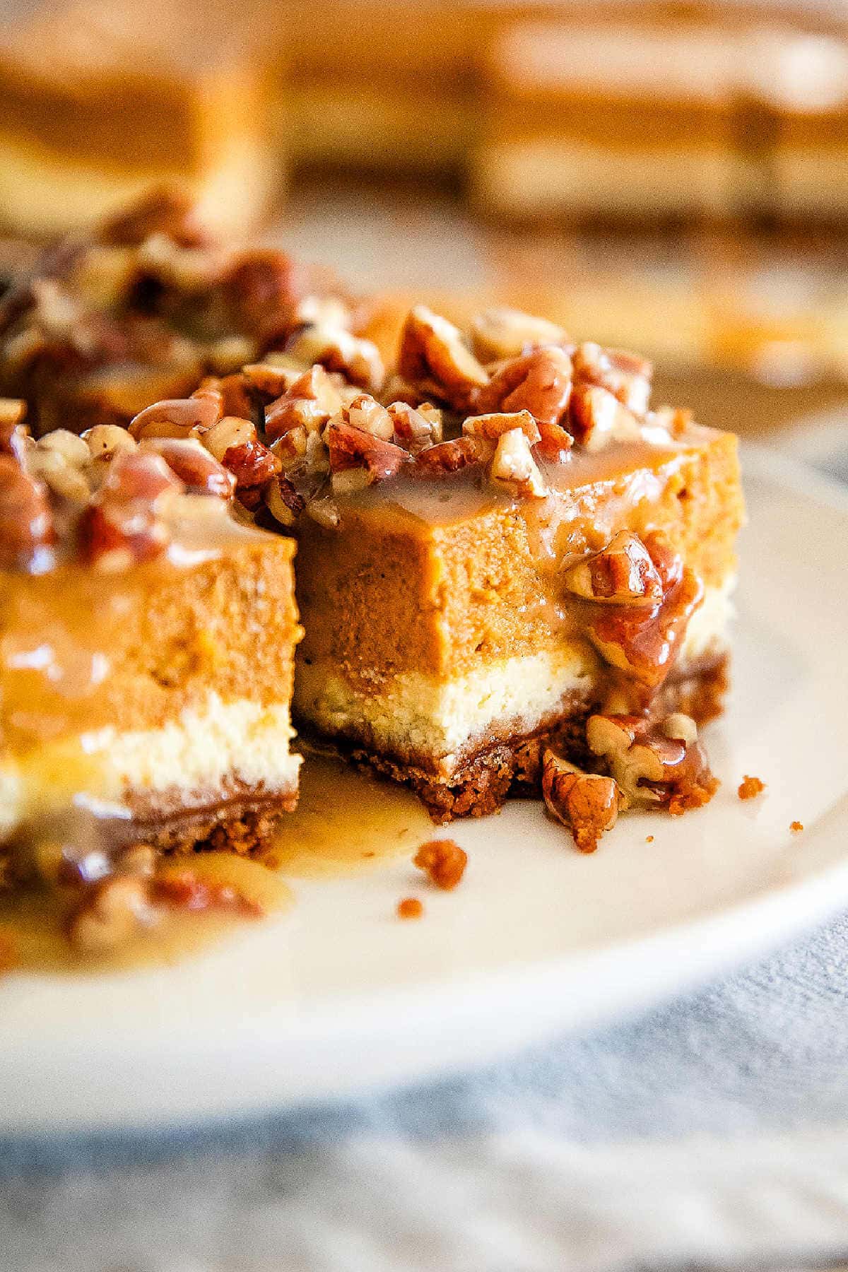 Pumpkin cheesecake bars on a plate with pecan caramel sauce on top.