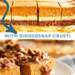 Layered Pumpkin Cheesecake Bars with caramel pecan sauce on a serving platter.