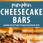 Layered Pumpkin Cheesecake Bars with caramel pecan sauce on a serving platter.