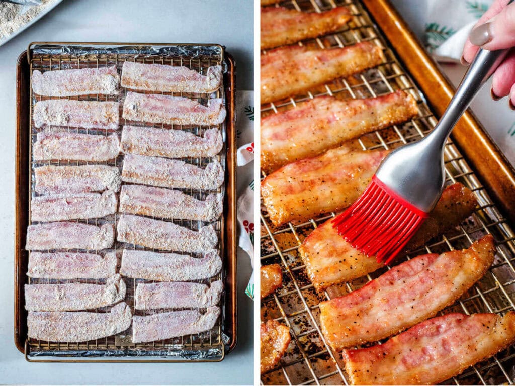 Side by side photos of dredged bacon on a sheet pan and getting brushed with maple syrup.