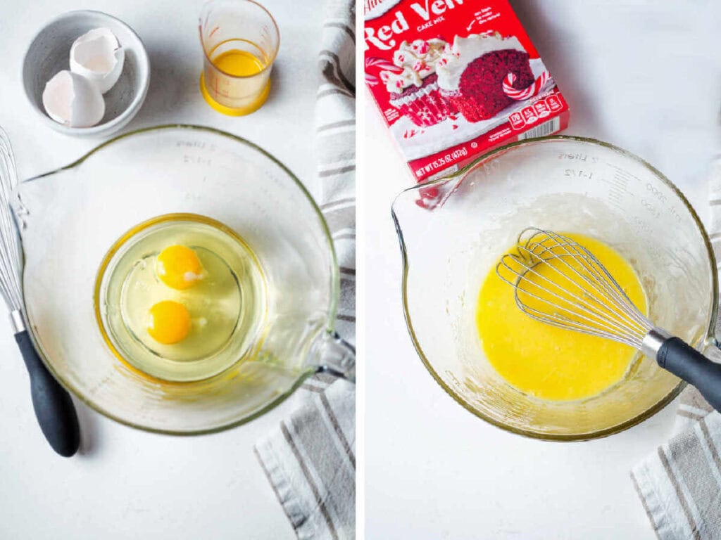 Side by side photos of eggs and oil being whisked together.
