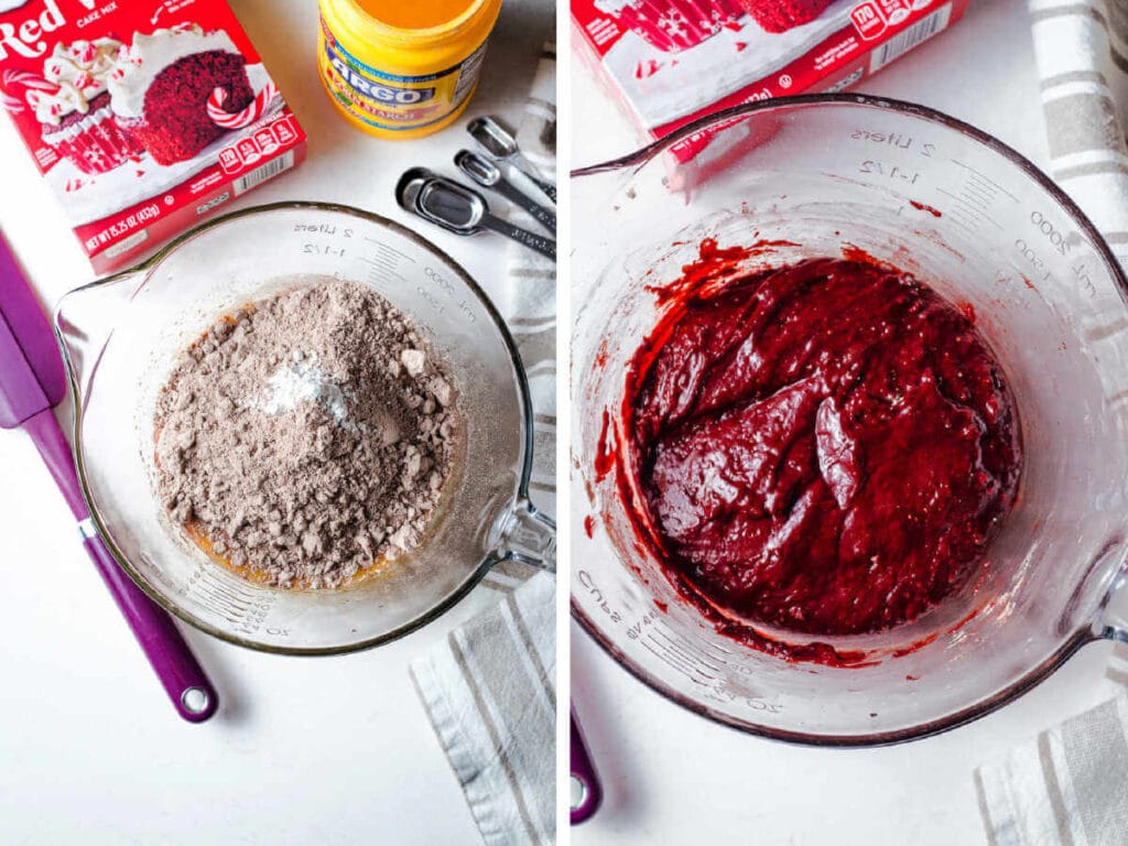 Red velvet cake mix added to the bowl of oil and eggs and mixed together.
