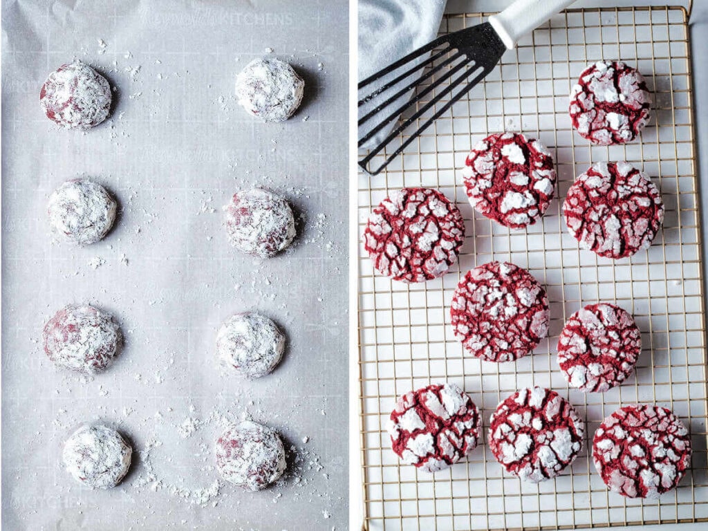 Cookie dough balls dipped in powdered sugar before and after baking.