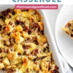 Sausage Apple Breakfast Casserole in a baking dish with a slice missing.